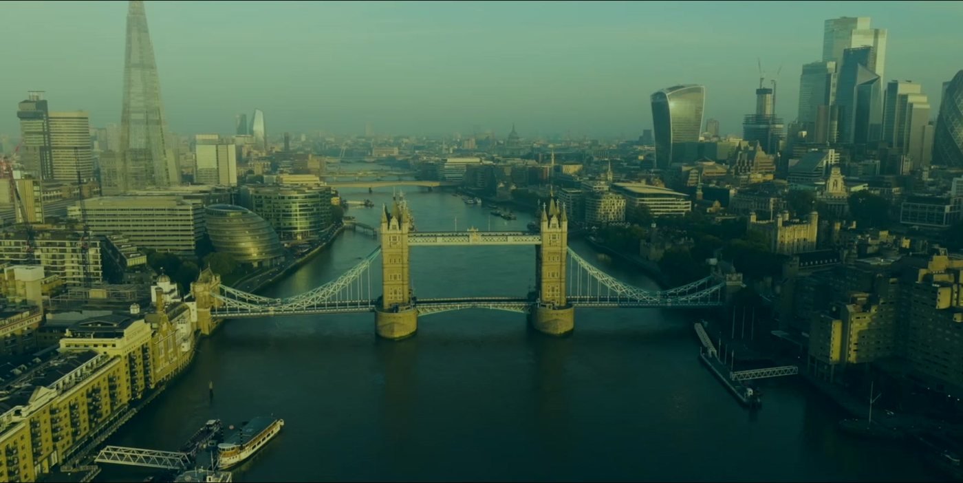 Aerial view of Tower Bridge, the Shard and the City of London
