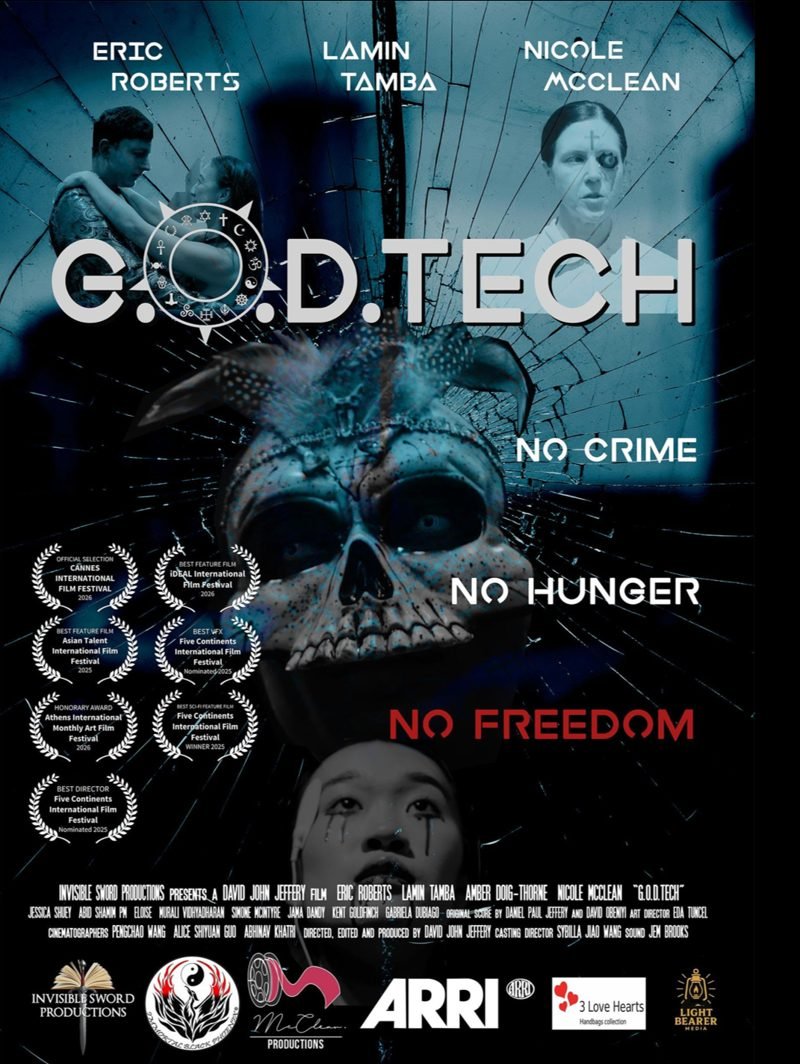 Poster for G.O.D.TECH with a skull mask and cracked glass